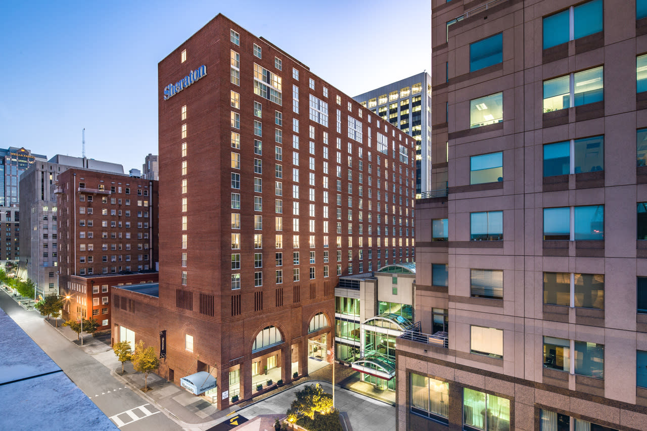 A view of the outside of a building from above.