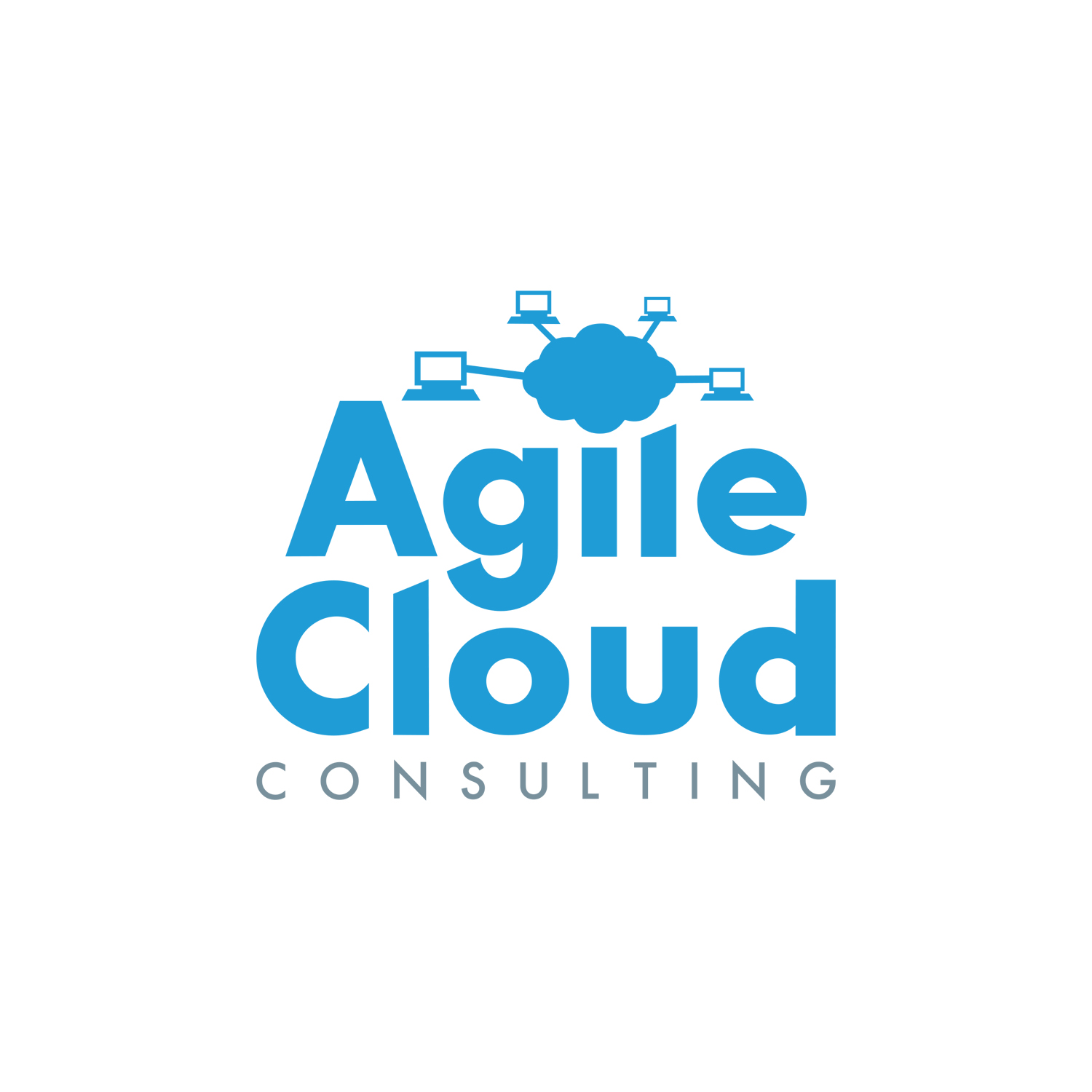 A blue logo with the words agile cloud consulting.