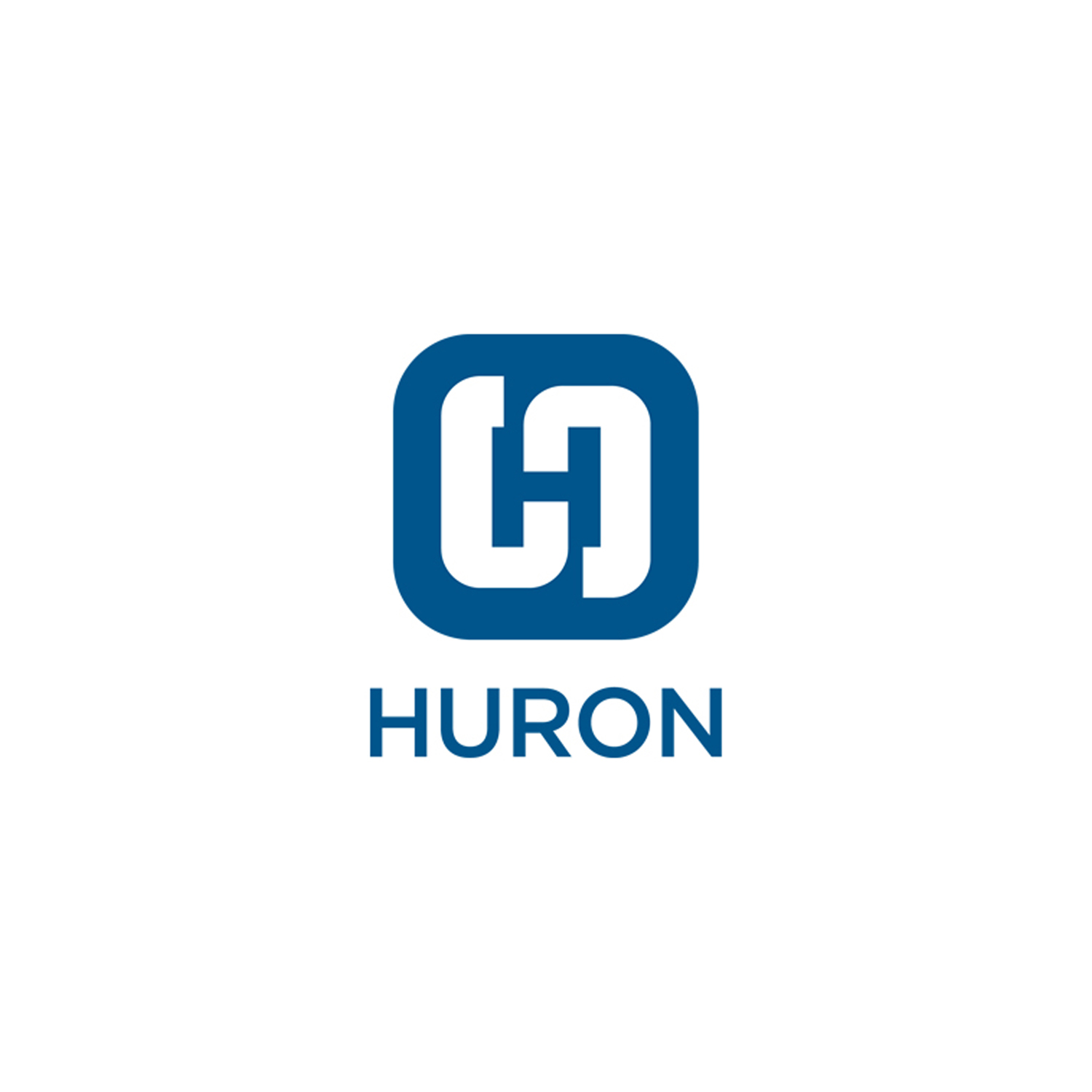 A blue and white logo of huron